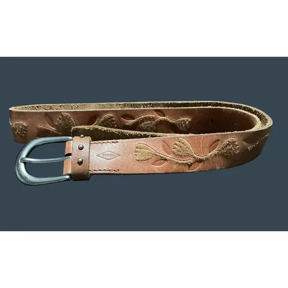 Fossil Women's Embossed Embroidered Brown Leather Belt With Floral Pattern Sz S - Picture 4 of 7